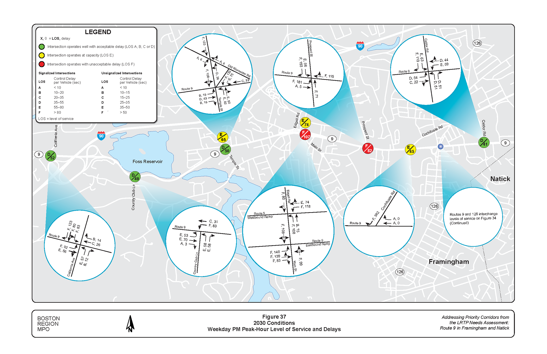 Figure 37 shows weekday PM peak-hour of level of service and delays for 2030 conditions. 1 of 2.